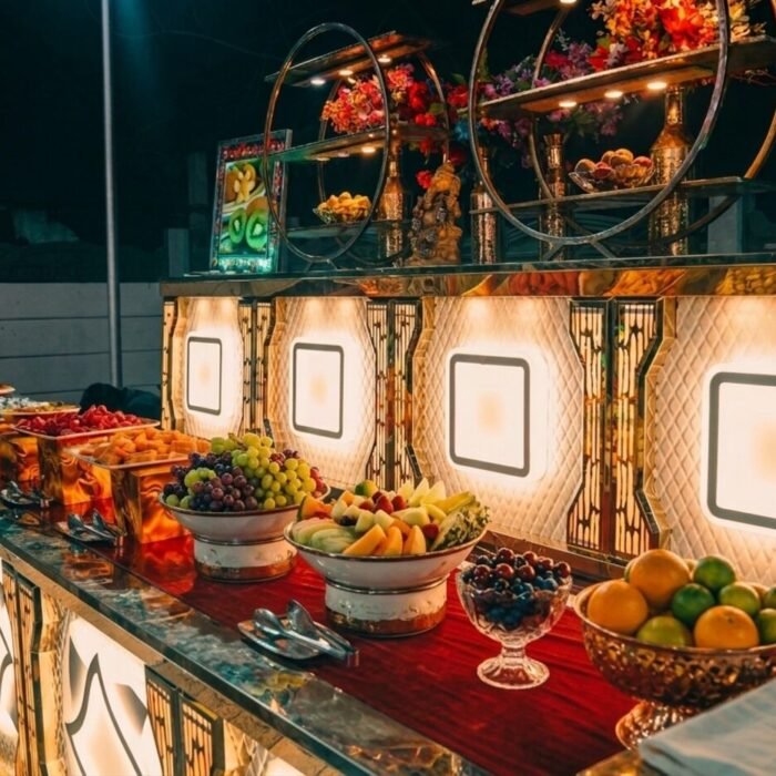 Fresh fruit counter set up for a Sri Sai Manikanta Caterers event