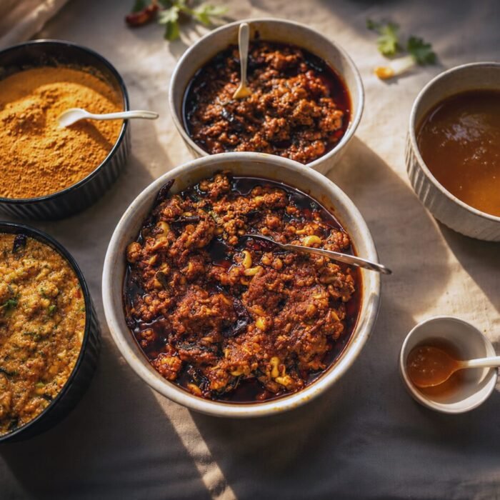 Close-up of traditional Andhra pickles and chutneys